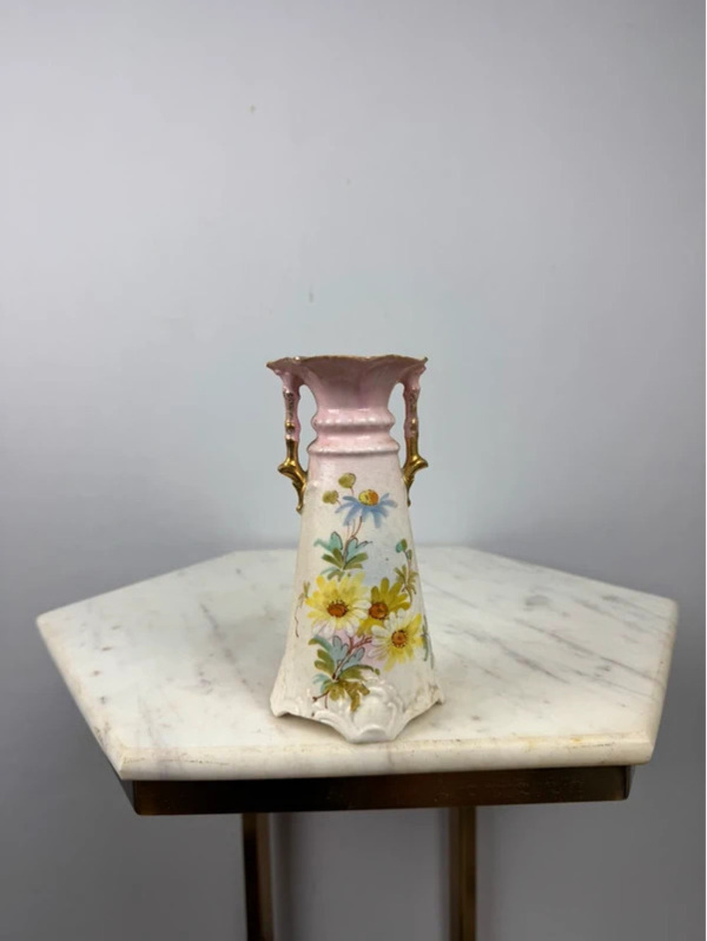 Antique Austrian Hand-Painted Floral Porcelain Vase Pink & Gold